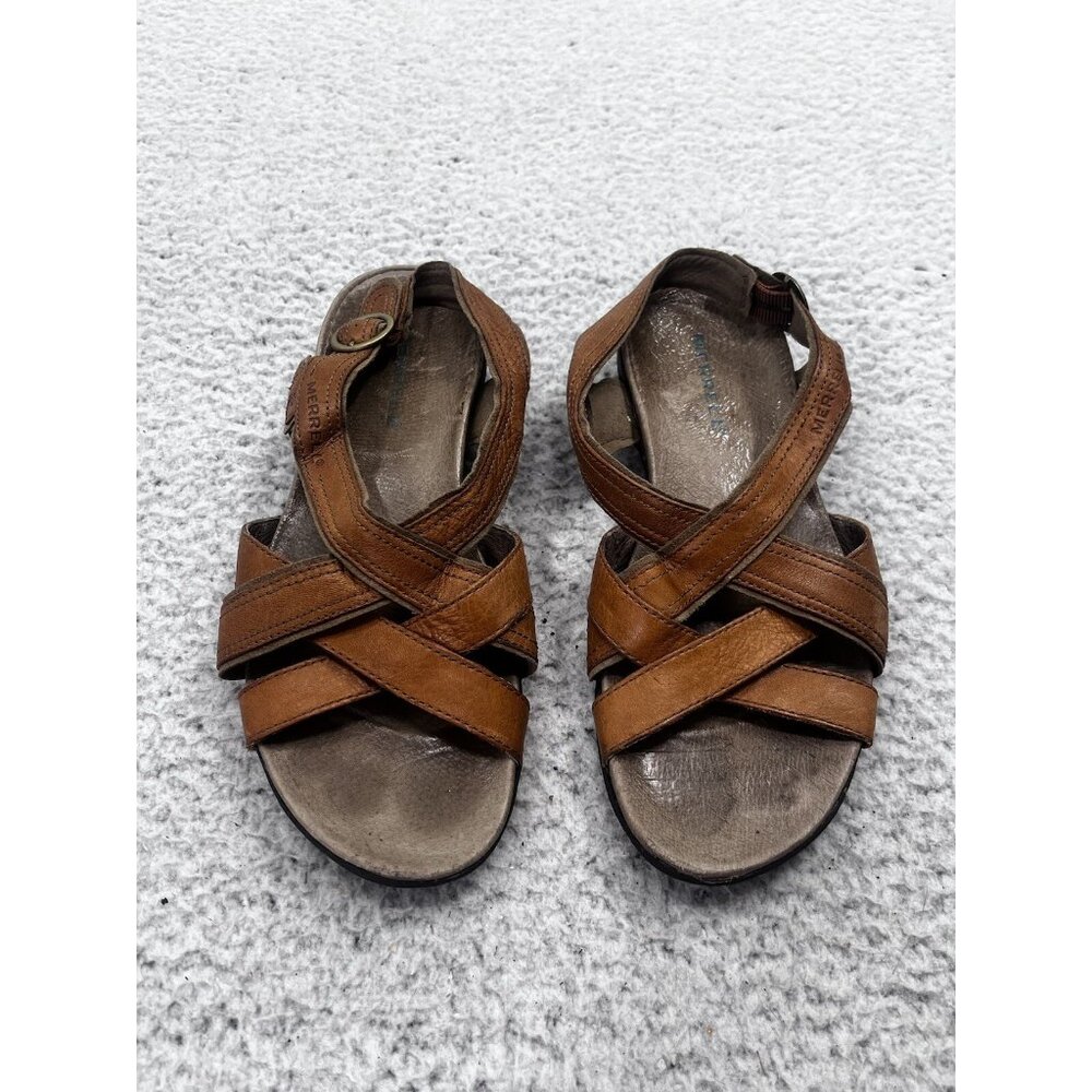 Women's Merrell Bassoon Tan Leather Strappy Open Toe Buckle Sandals Size 8 - Picture 2 of 10